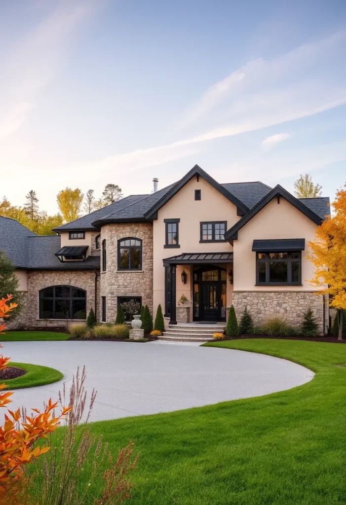 Suburban house with stone and stucco exterior, black window accents, a curved driveway, and autumn foliage surrounding a landscaped yard.