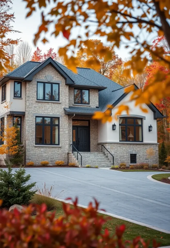 Suburban house with stone and stucco exterior, black-framed windows, a concrete driveway, and vibrant autumn foliage in the surrounding landscape.