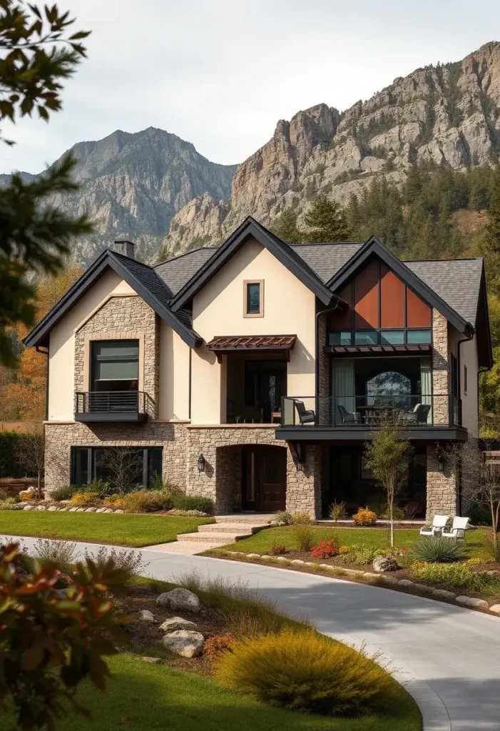 Suburban home with a stone and stucco exterior, large windows, balconies, and a landscaped yard, set against a striking mountain backdrop.