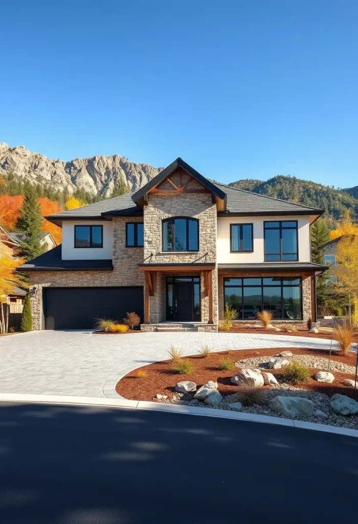 Contemporary suburban home with a stone facade, black-framed windows, a wide driveway, and minimalist landscaping, set against a scenic mountain backdrop.