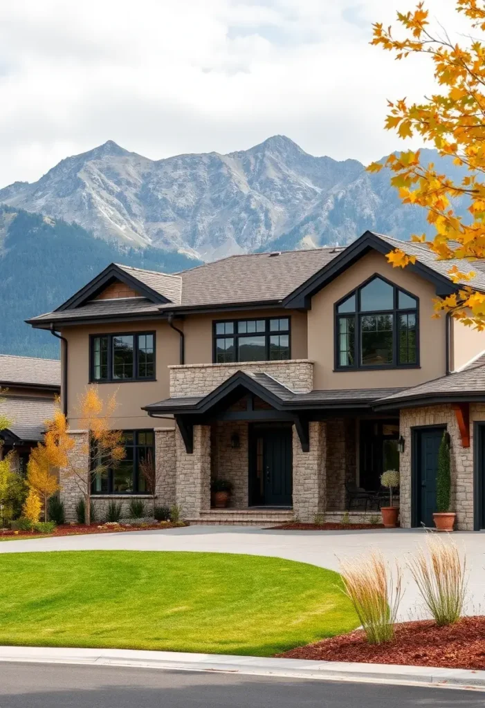 Elegant suburban home with a stone facade, arched windows, vibrant green lawn, and autumn foliage, set against a towering mountain backdrop.