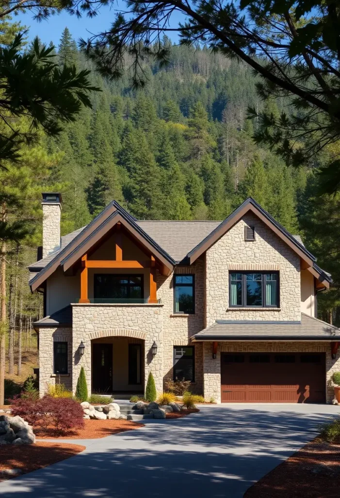 Suburban home with a stone facade, wooden beam accents, and large windows, surrounded by lush forest trees and landscaped grounds.