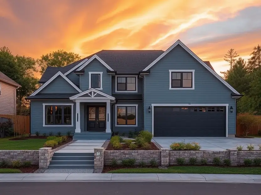 Suburban home with deep blue siding, white trim, a manicured lawn, and a stunning sunset sky in the background.