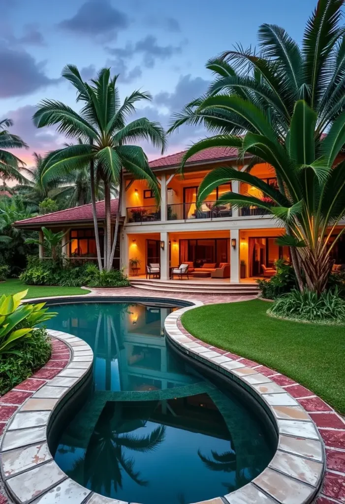 Tropical home with a curved pool, lush greenery, warm evening lighting, and expansive outdoor living spaces surrounded by palm trees.