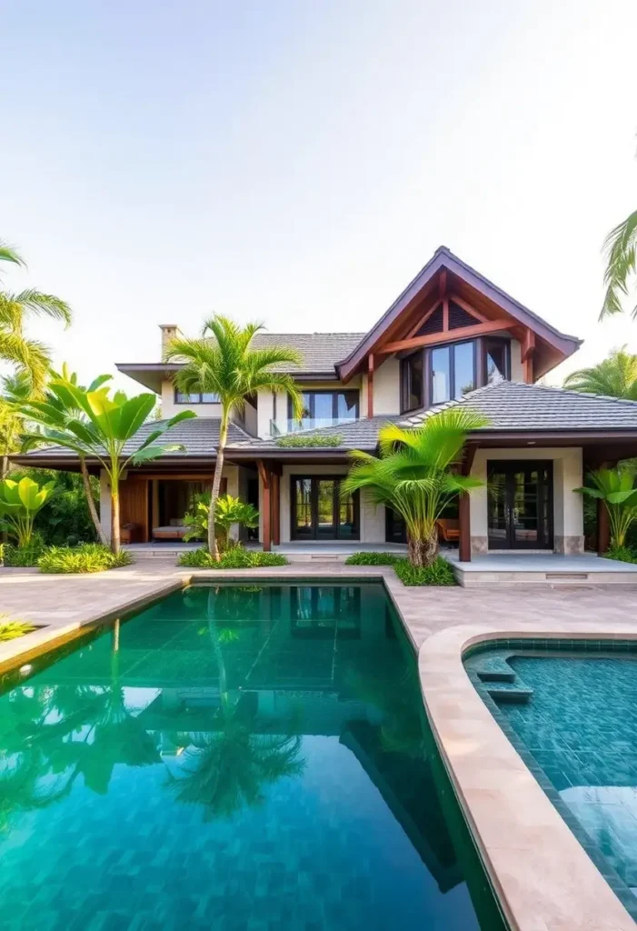 Modern tropical home with wooden details, expansive pool, and lush greenery for a serene and luxurious vibe.