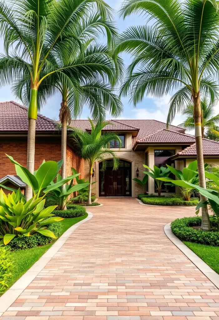 Tropical home with a brick-paved driveway, palm trees, lush greenery, and a red-tiled roof for a welcoming ambiance.