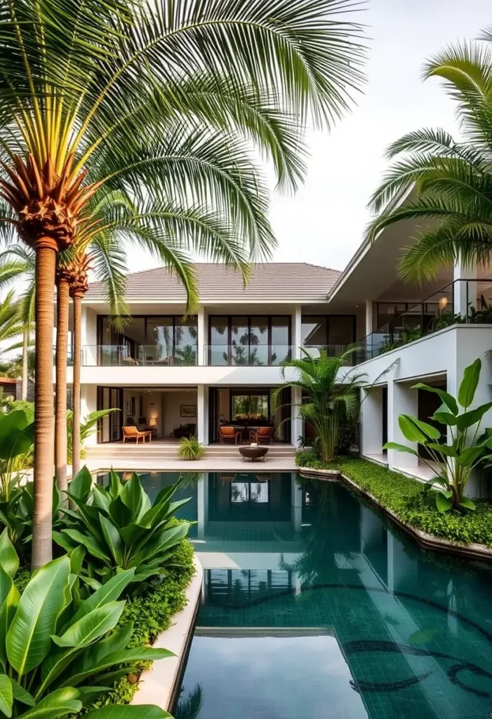 Tropical home with a sleek pool, palm trees, lush greenery, and modern balconies designed for luxurious outdoor living.