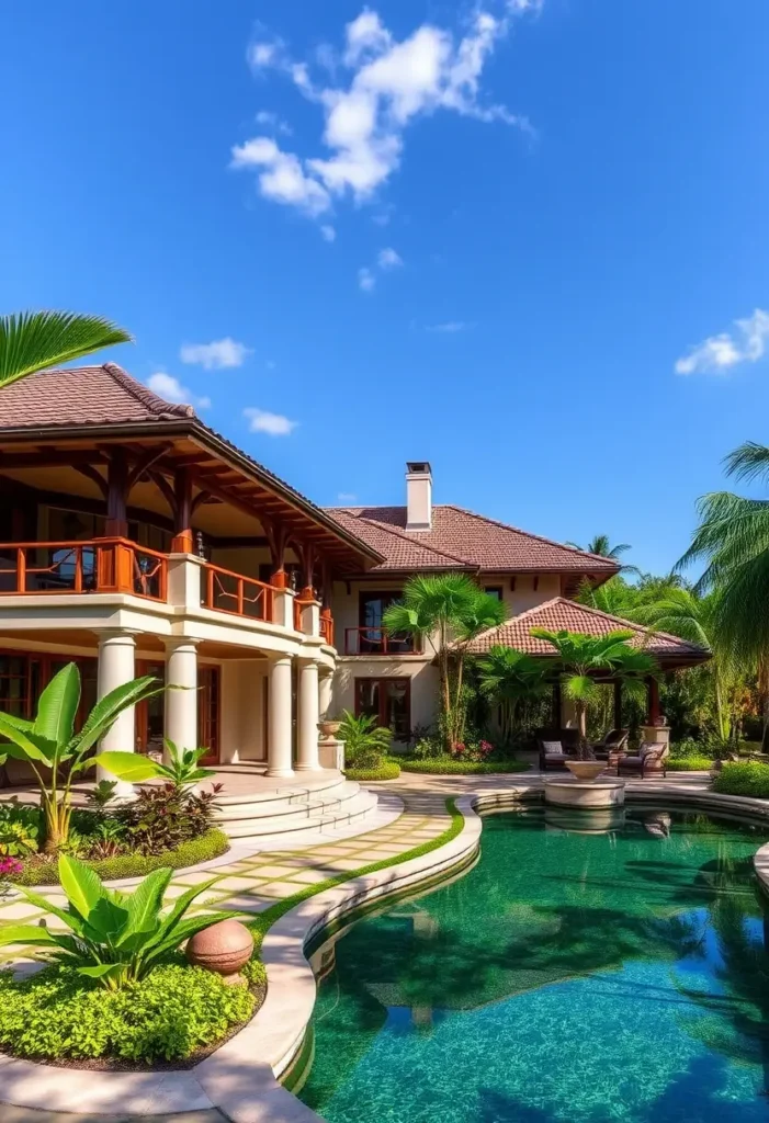 Tropical home with grand columns, a curved pool, lush greenery, and expansive balconies under a clear blue sky.