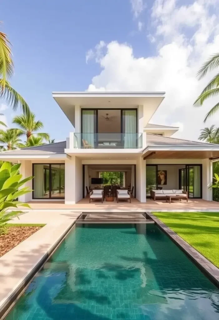 Modern tropical house with a minimalist design, open-concept layout, glass balcony, and pool surrounded by greenery.