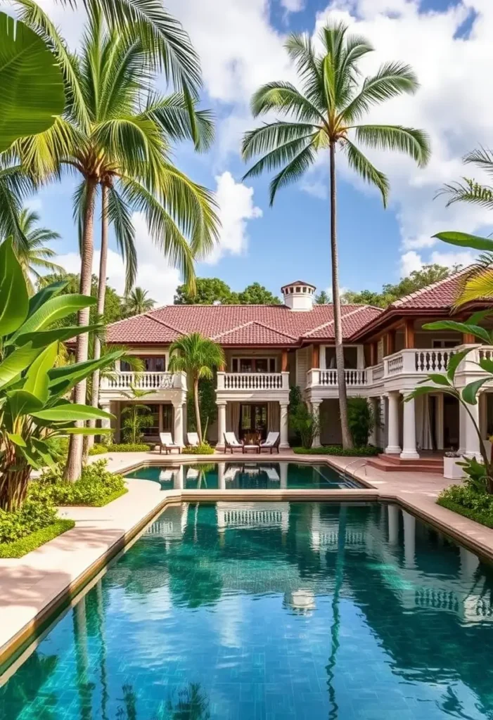 Tropical house with stately columns, a red-tiled roof, a large pool, and lush palm-fringed landscaping.