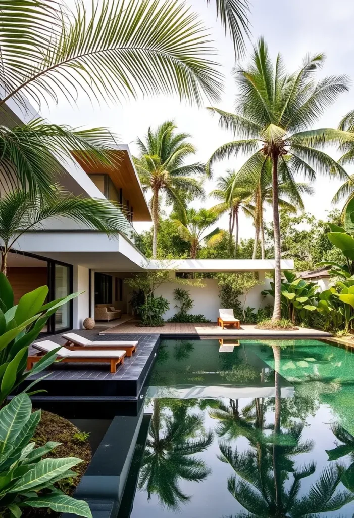 Modern tropical house with sleek architecture, a reflective pool, wooden accents, and lush greenery.