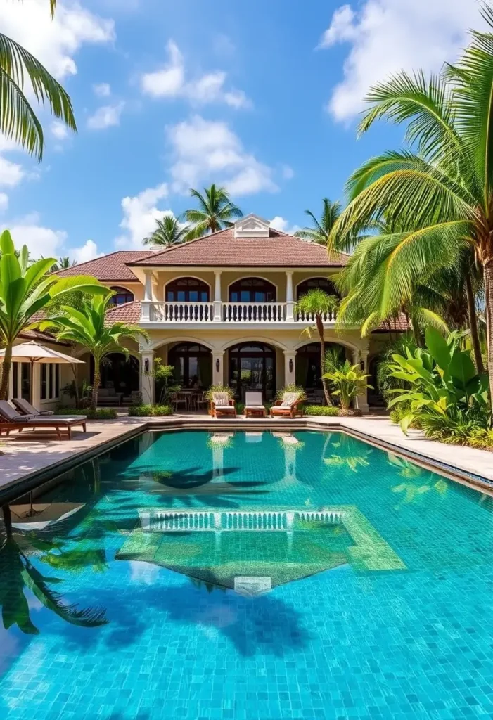 Tropical estate with grand arches, a turquoise pool, lush greenery, and sun loungers under a clear blue sky.