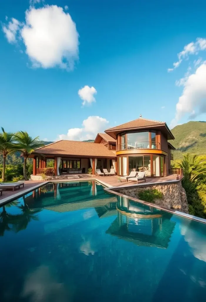 Tropical hillside home with an infinity pool, expansive glass windows, and natural wood accents overlooking lush landscapes.