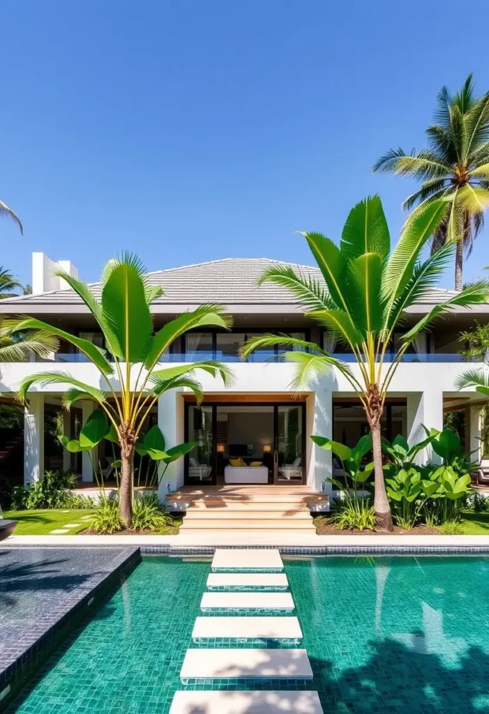 Tropical home with a minimalist design, stepstones leading across a pool, and lush greenery surrounding the structure.