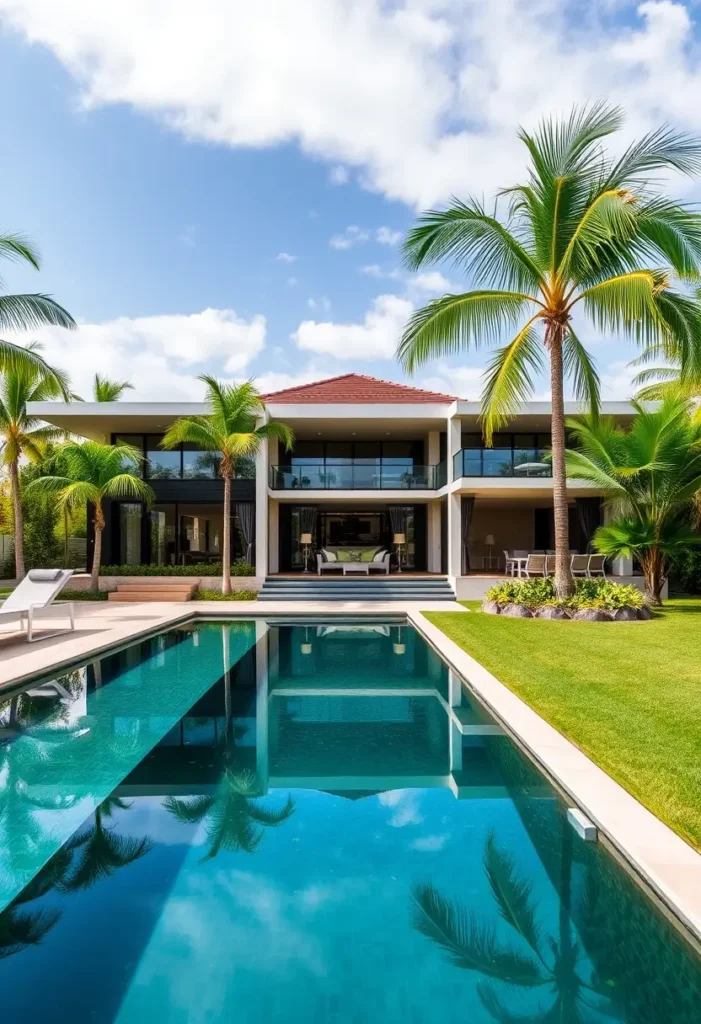 Modern tropical villa with floor-to-ceiling windows, a lap pool, lush palms, and manicured lawns.