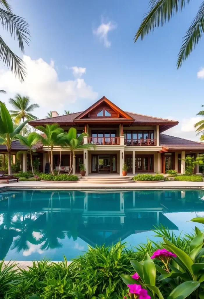 Tropical villa with rich wooden accents, a pitched roof, an expansive pool, and vibrant greenery.