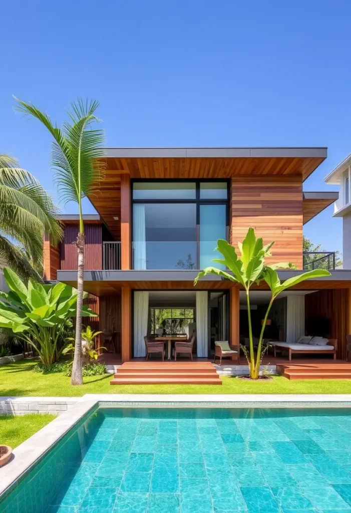 Modern tropical home with a wood facade, large glass windows, a turquoise pool, and vibrant greenery.