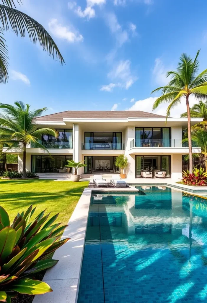 Contemporary tropical house with symmetrical architecture, expansive glass walls, a pristine pool, and lush landscaping.