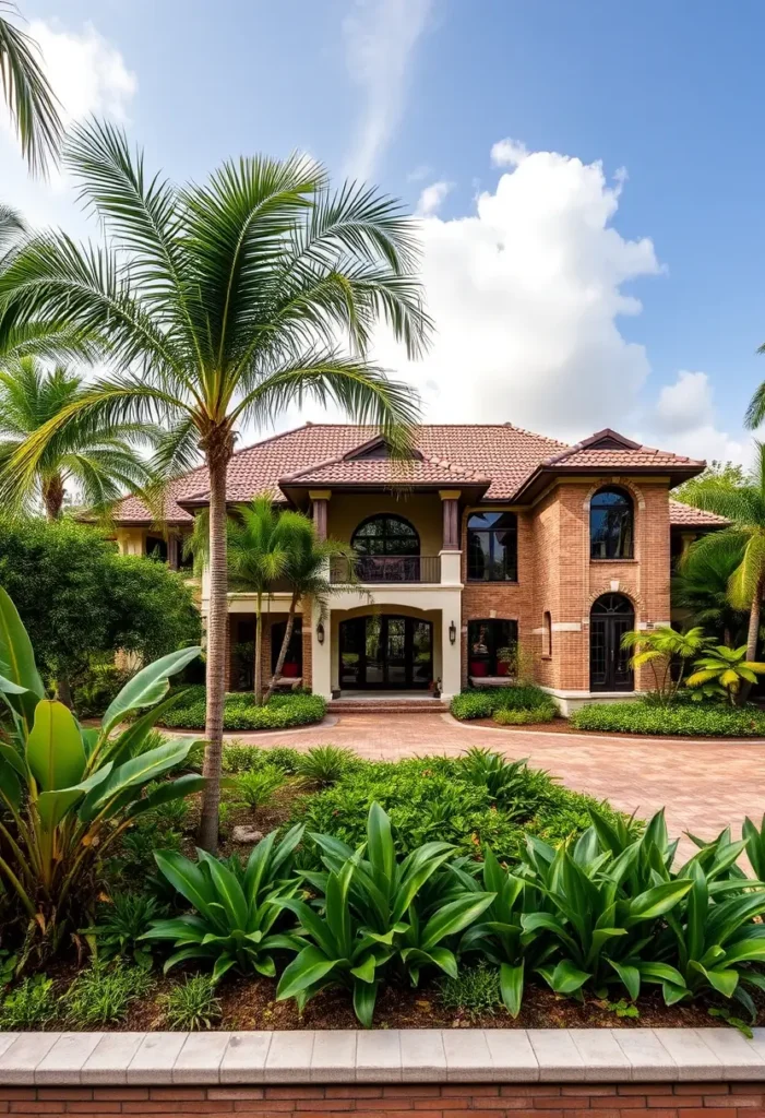  Classic tropical house with brick architecture, terracotta-tiled roof, arched windows, and lush palm-filled landscaping.