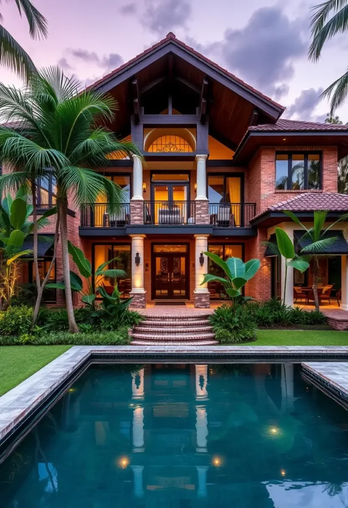 Tropical villa with grand columns, warm evening lighting, a pitched roof, and a reflective pool surrounded by lush greenery.