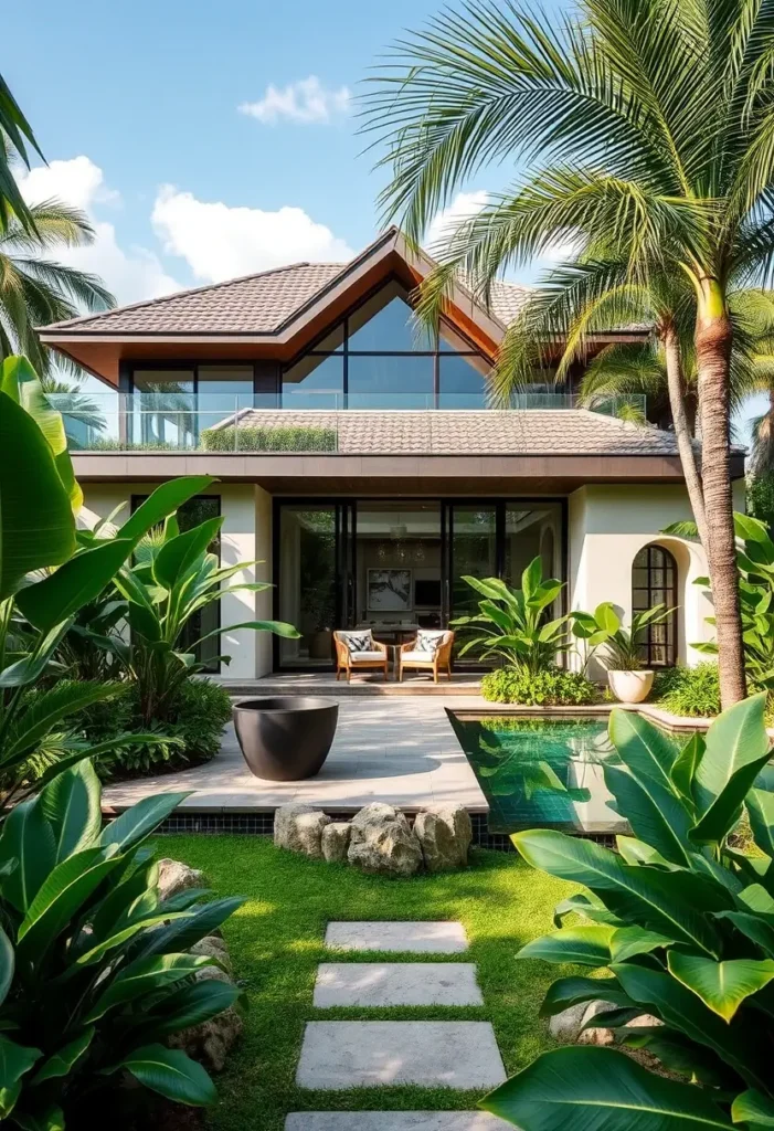 Tropical home with a pitched roof, large glass walls, a tranquil pool, and lush landscaping featuring a cozy patio area.