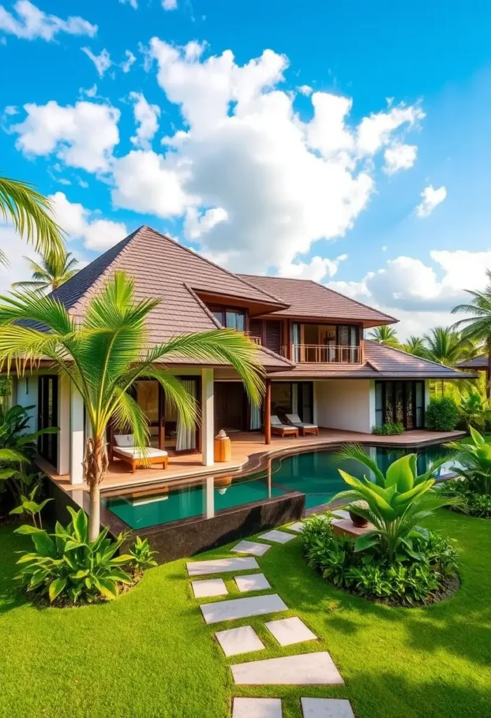 Tropical house with a pitched roof, wraparound pool, stone pathway, and lush greenery for a serene outdoor escape.