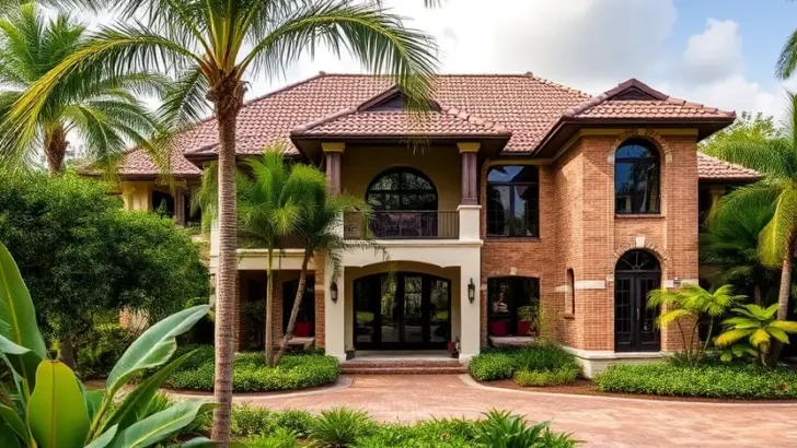 Classic tropical house with brick architecture, terracotta-tiled roof, arched windows, and lush palm-filled landscaping. II