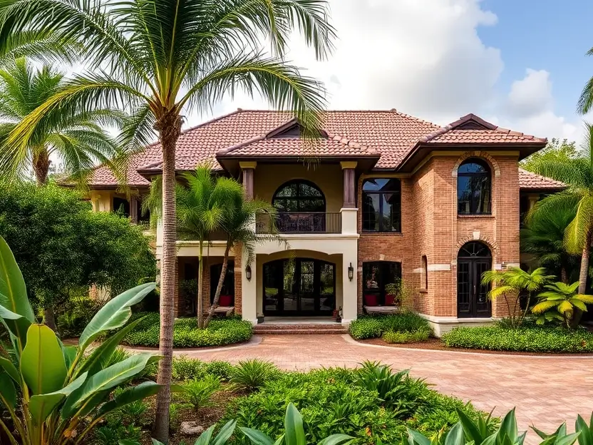 Classic tropical house with brick architecture, terracotta-tiled roof, arched windows, and lush palm-filled landscaping. II