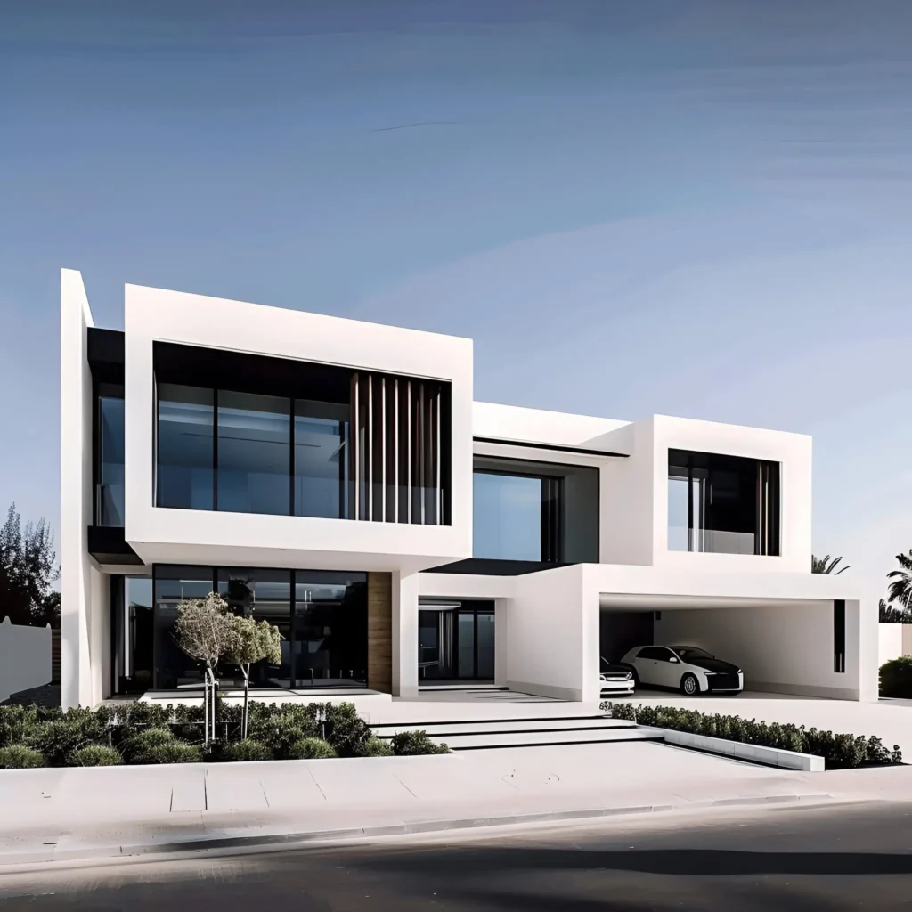 Modern white house with geometric design, large glass windows, open carport, and minimalist landscaping.