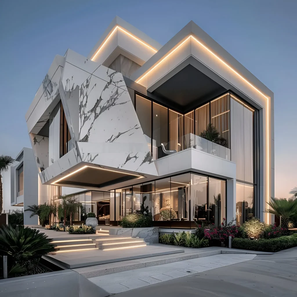 Modern white house with angular marble-style facade, illuminated accents, large glass windows, and lush landscaping.