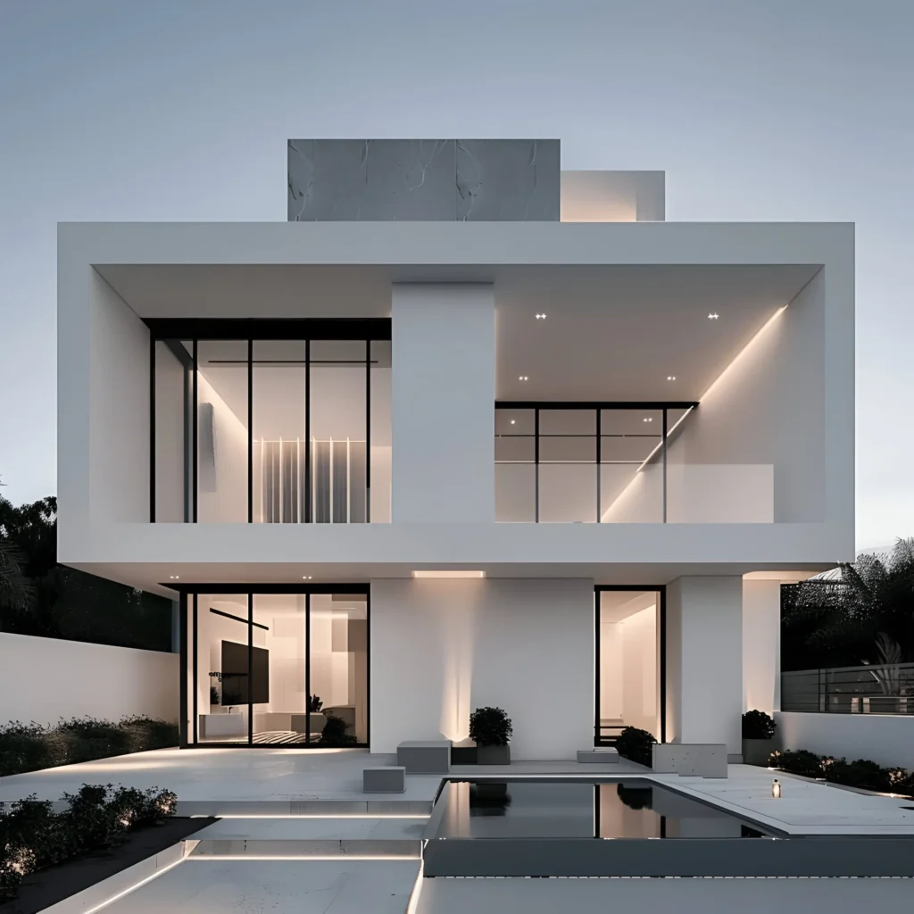 Modern white house with minimalist architecture, large glass windows, sleek poolside area, and subtle exterior lighting.