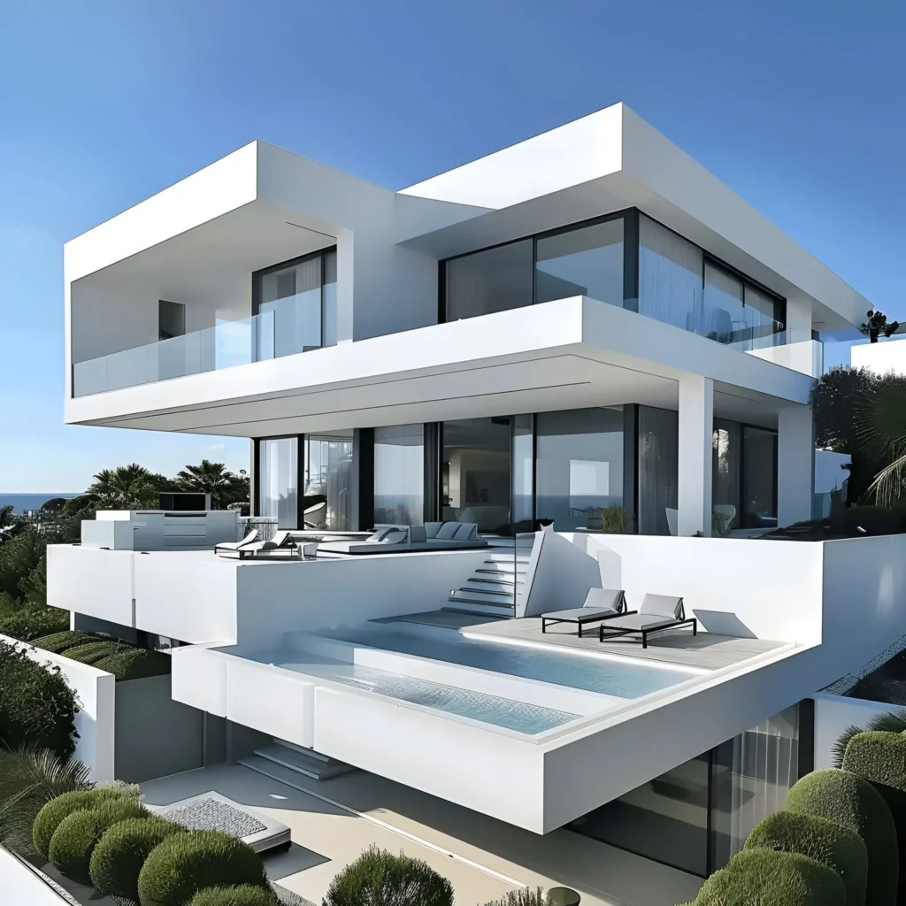 Modern white multi-level house with glass railings, infinity pool, and expansive terraces overlooking the ocean.