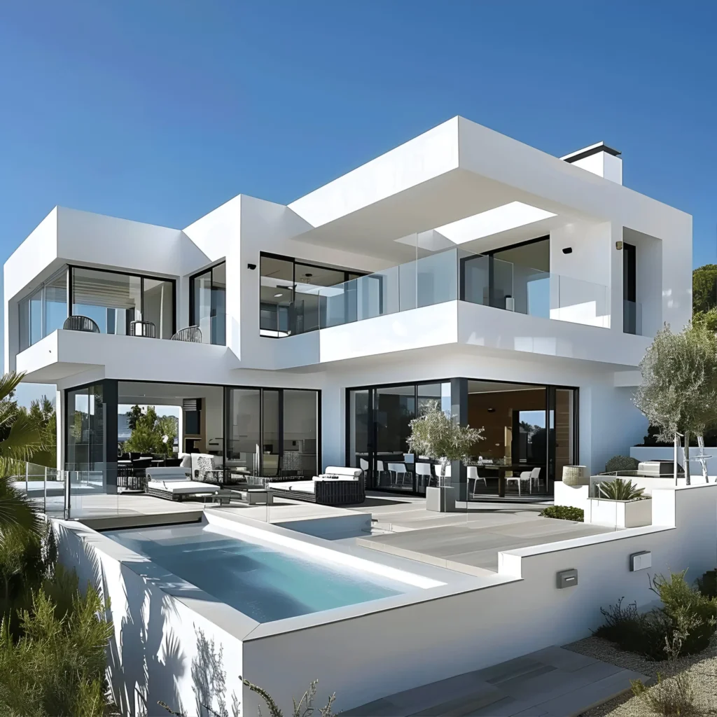 Modern white house with open terraces, glass railings, floor-to-ceiling windows, and a sleek pool surrounded by lush greenery.