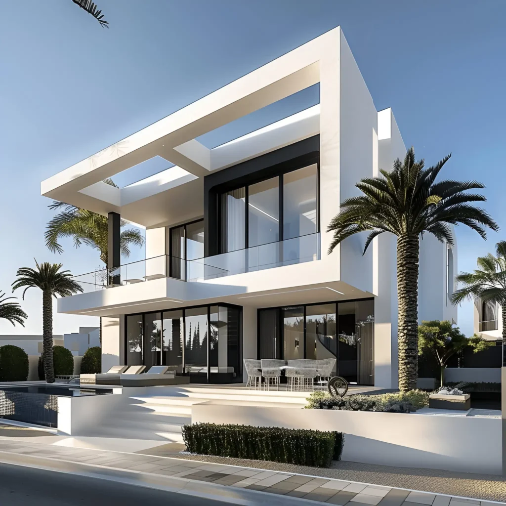 Modern white house with open balconies, glass railings, and a tropical setting featuring palm trees and clean landscaping.