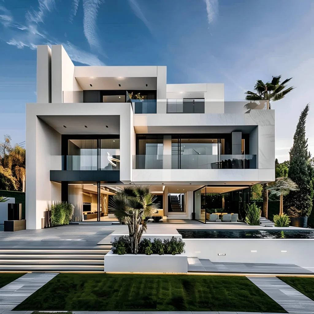 Modern white house with multi-level terraces, glass facades, lush landscaping, and an elegant outdoor area.