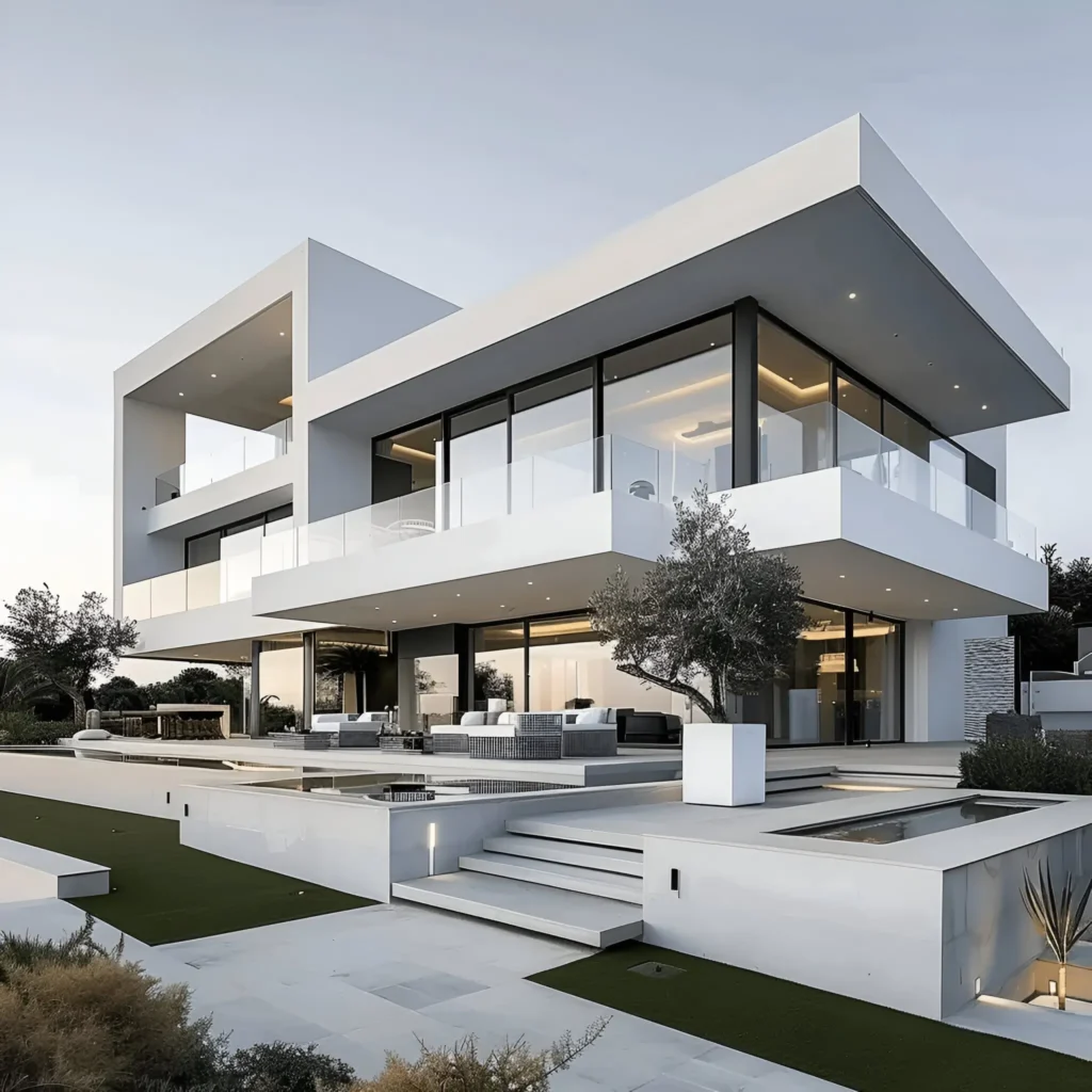 Modern white house with geometric design, glass walls, elevated terraces, and a sleek pool surrounded by minimal landscaping.