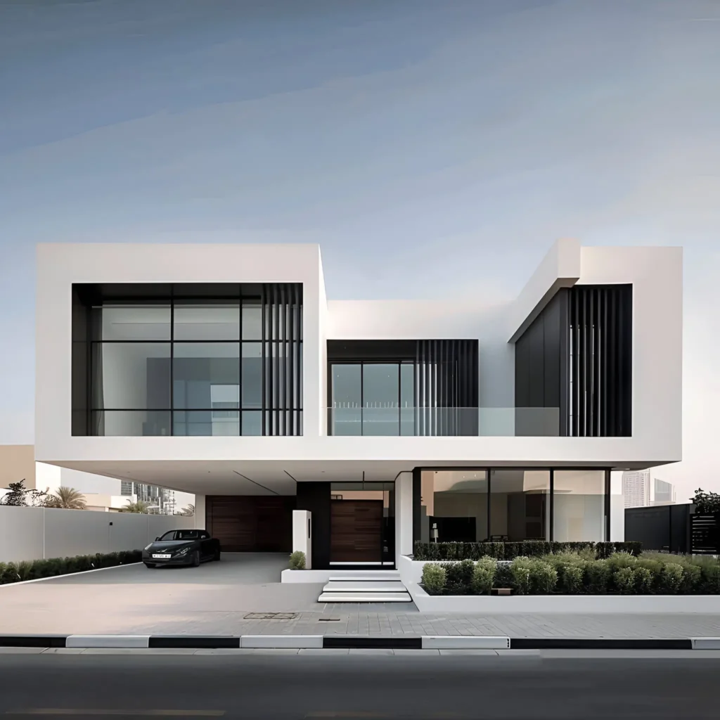 Modern white house with symmetrical design, black accents, large glass windows, and a clean driveway with minimal landscaping.