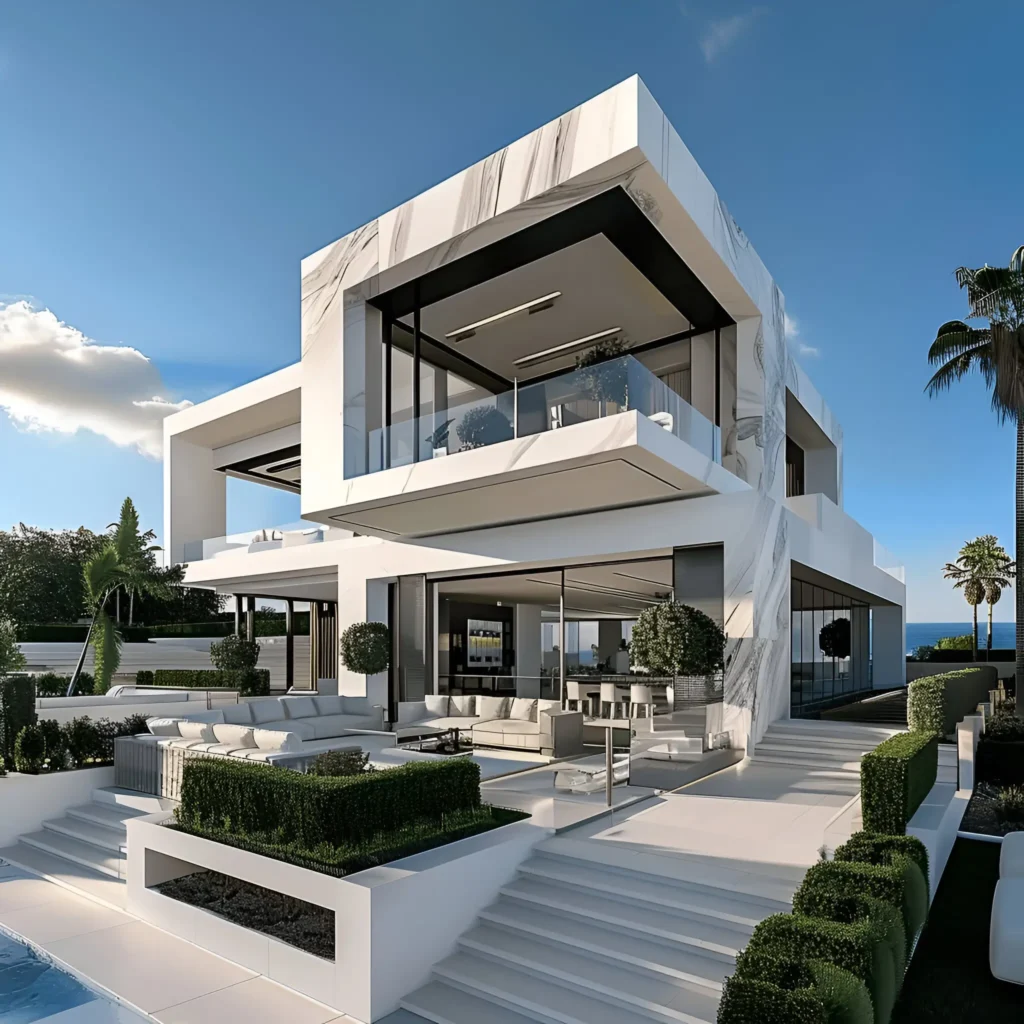 Modern white house with layered terraces, marble-inspired facade, glass walls, and outdoor lounge areas surrounded by greenery.