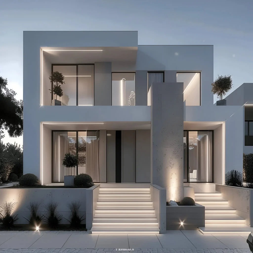 Modern white house with clean lines, symmetrical facade, soft lighting, and large windows for a minimalist design.