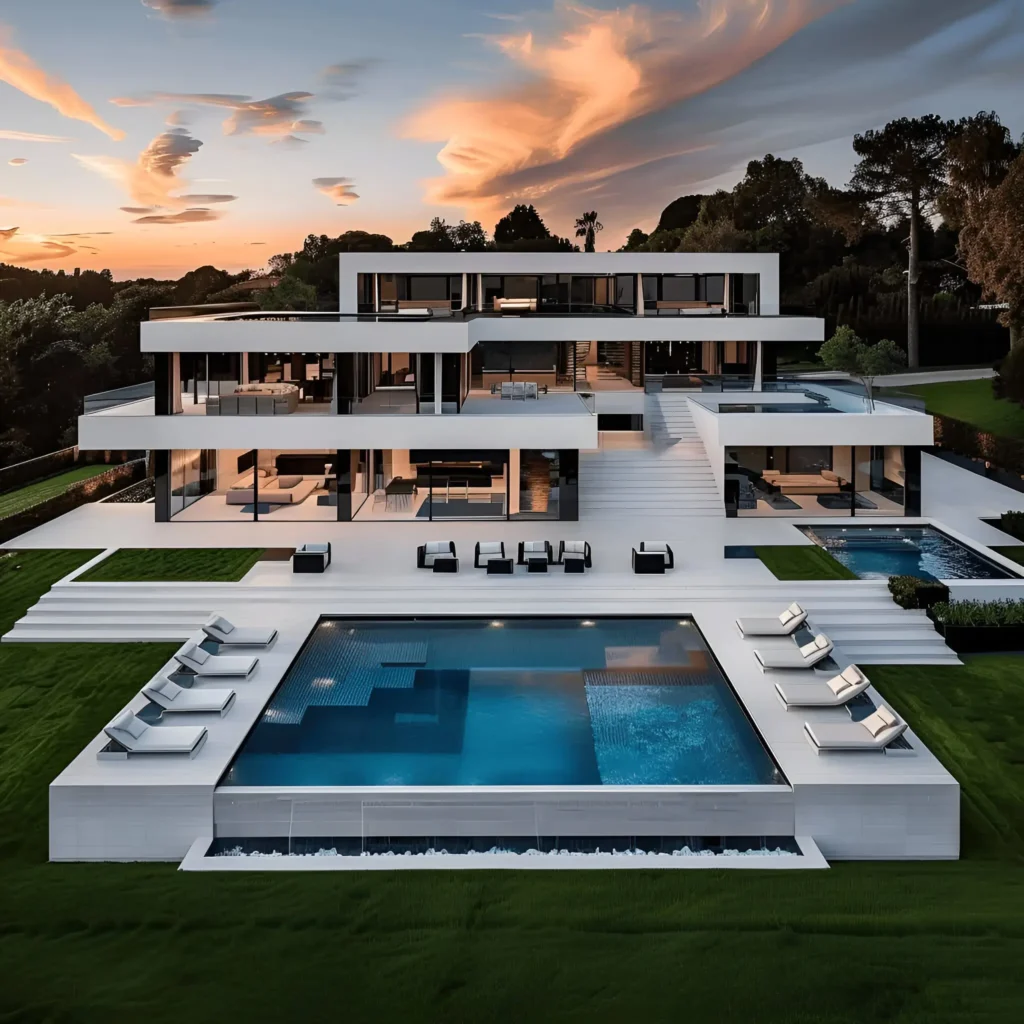 Modern white house with layered terraces, expansive infinity pool, stylish outdoor lounges, and a resort-inspired design.