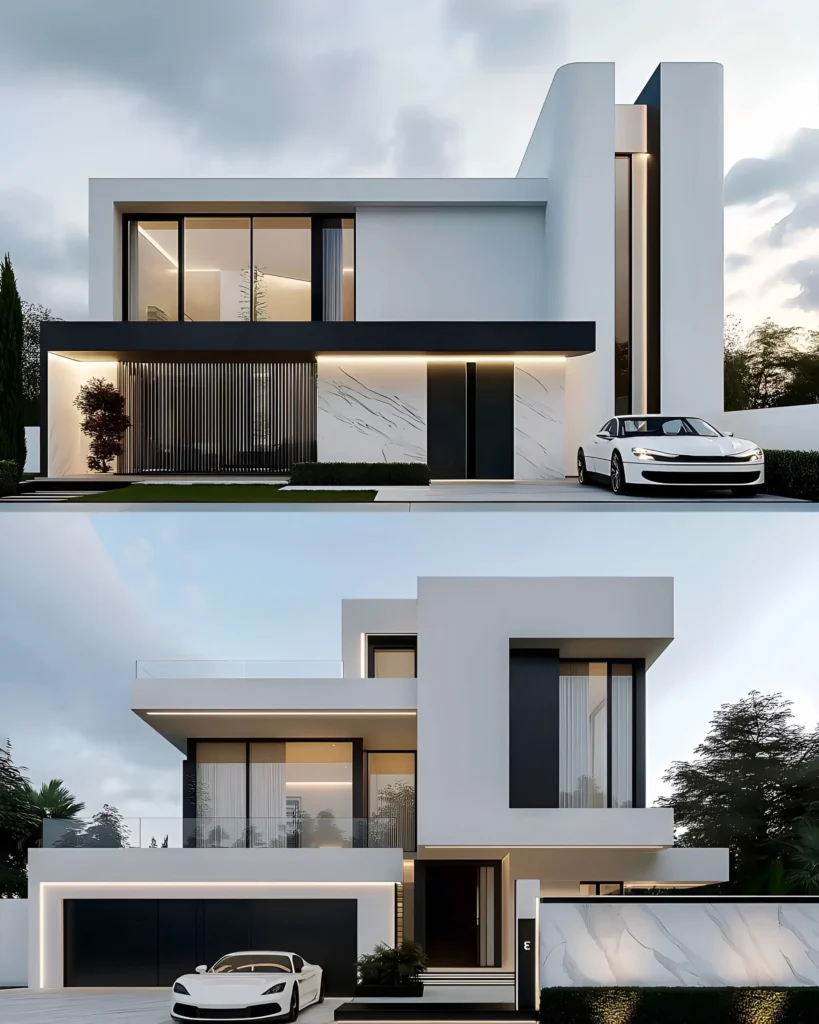 Two modern white houses with contrasting black accents, large glass windows, marble-inspired details, and sleek lighting.