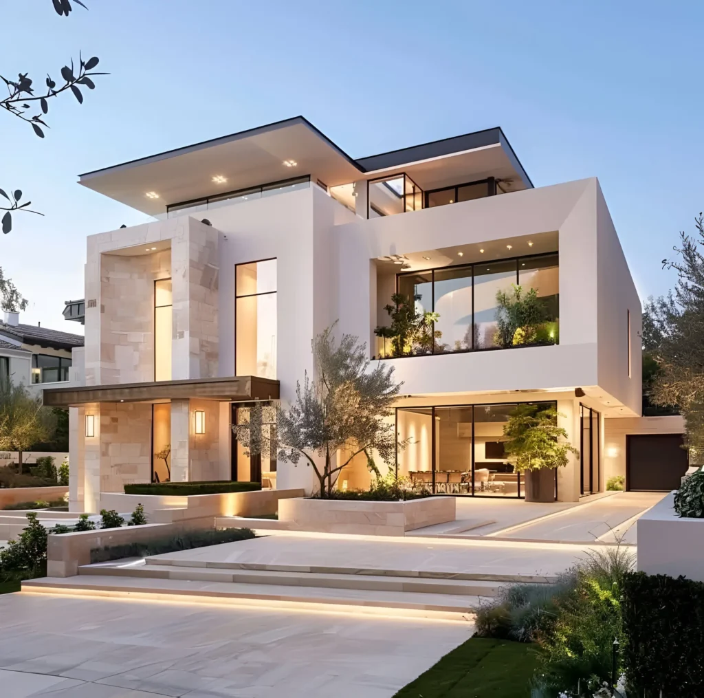 Modern white house with natural stone accents, expansive glass windows, lush greenery, and a warm, inviting design.