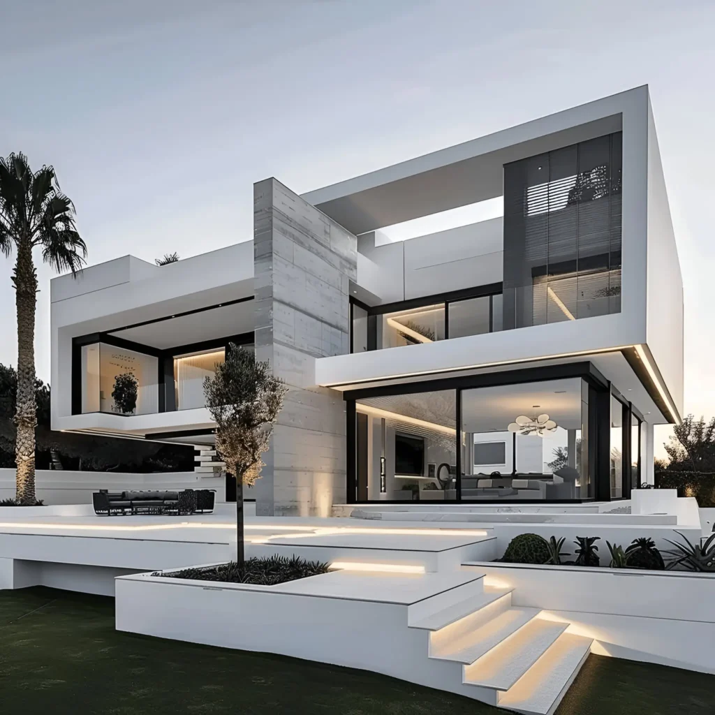 Modern white house with geometric design, concrete accent wall, expansive glass windows, and minimalist landscaping.