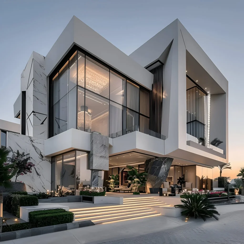 Modern white house with sculptural design, marble accents, floor-to-ceiling glass walls, and illuminated steps surrounded by greenery.