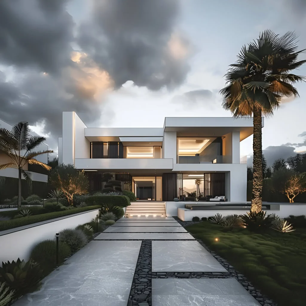 Modern white house with clean lines, illuminated pathway, lush landscaping, and palm trees under a dramatic sky.