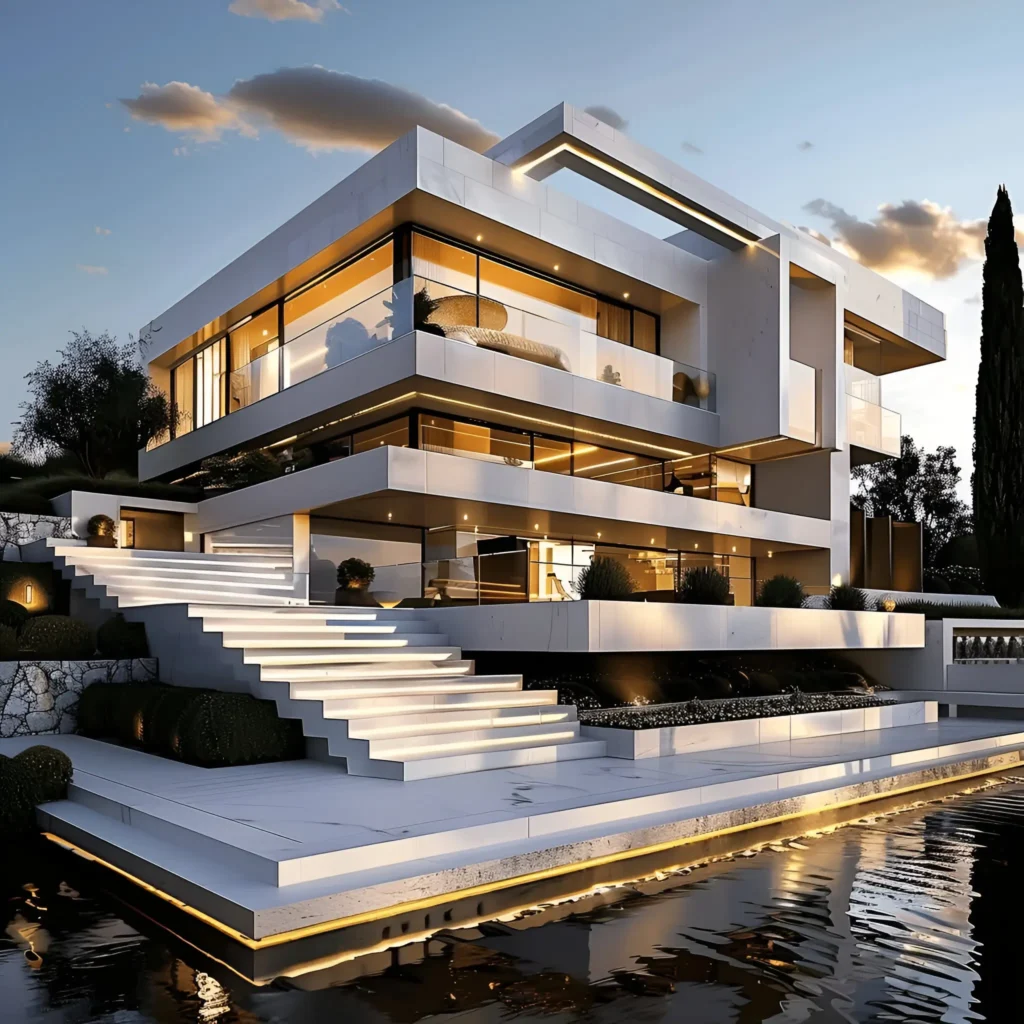 Modern white house with multi-level terraces, illuminated staircases, glass walls, and a waterfront setting.