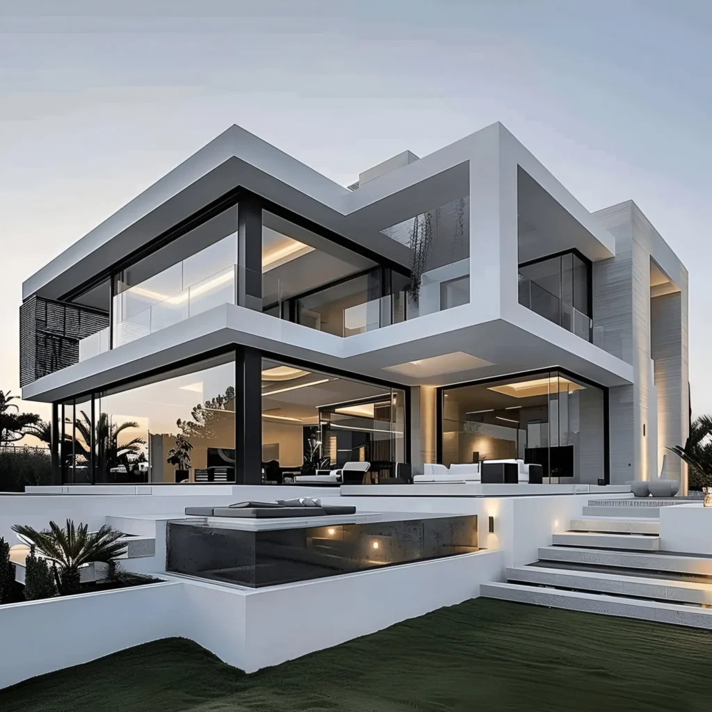 Modern white house with angular architecture, glass facades, tiered design, and an infinity-edge pool.