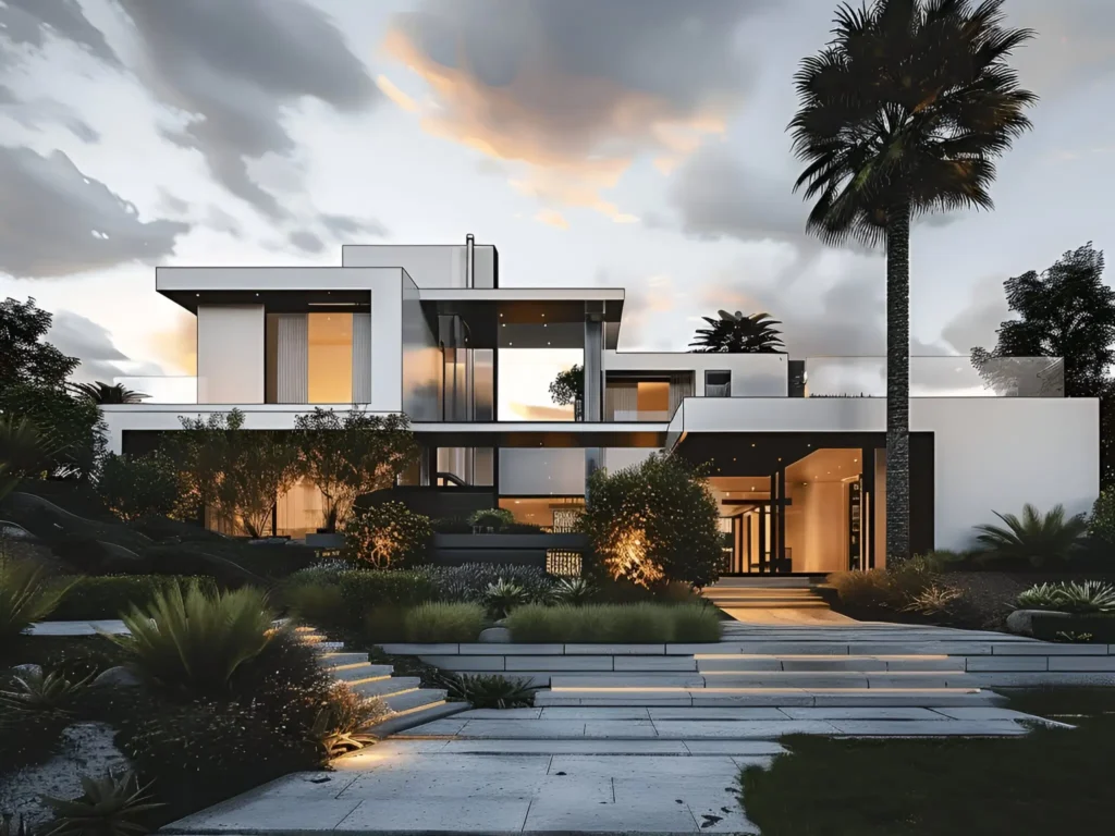 Modern white house with clean lines, expansive glass walls, tiered pathways, and lush landscaping under a dramatic sky.