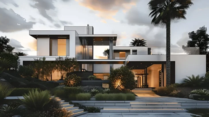 Modern white house with clean lines, expansive glass walls, tiered pathways, and lush landscaping under a dramatic sky.