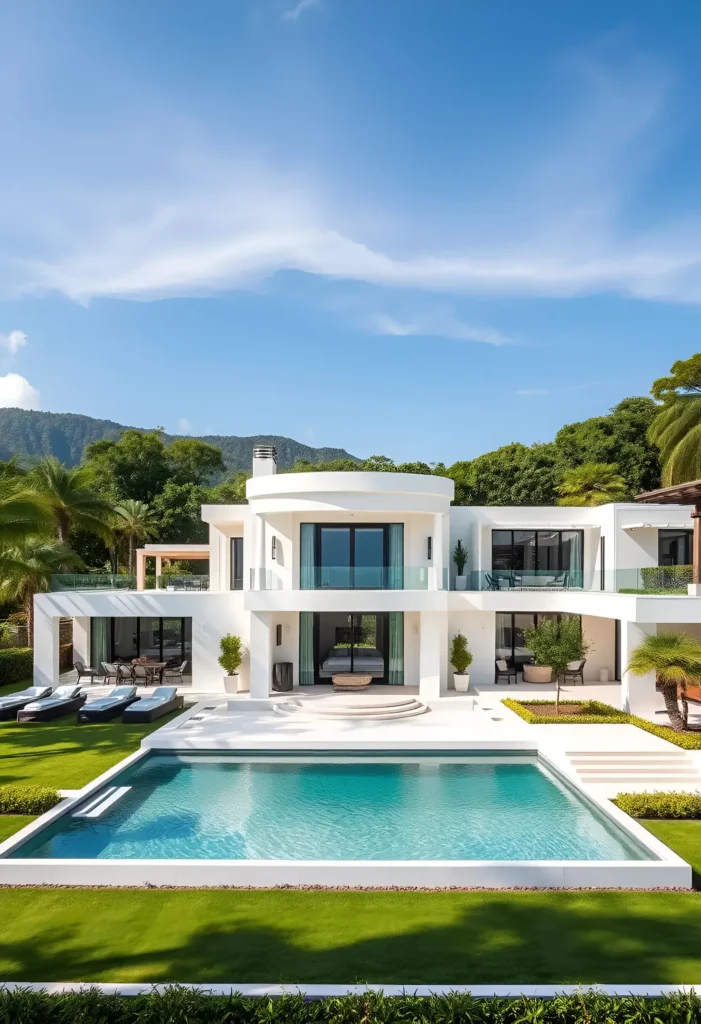 Modern white house exterior with large glass windows, a lush green lawn, and a stunning pool surrounded by nature.